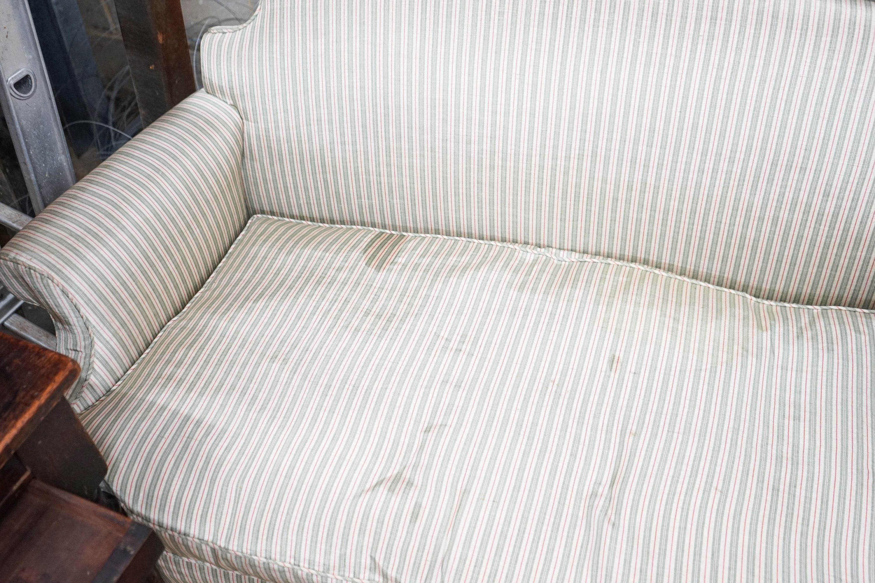 A small Queen Anne style upholstered two seater settee, length 126cm, depth 70cm, height 82cm